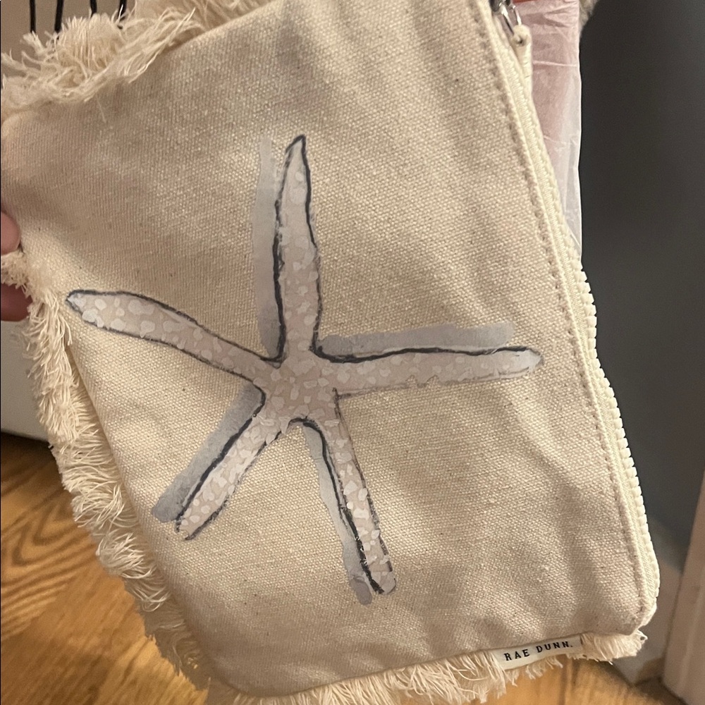 Rae Dunn Cream Tote with Fringe and Text - Picture 4 of 6